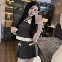 set đồ nữ sang chảnh,set áo chân váy xếp ly,MẪU MỚI NHẤT bộ áo cổ sen cv thêu nơ cao cấp duyên AB183