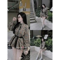 set đồ nữ sang chảnh,set áo chân váy,bộ bbr áo smi cổ tàu cváy kẻ xịn sò hot trend tâm vỹ O120