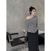 Set đồ nữ , Set áo phông giấy kẻ lệch vai kết hợp chân váy dip xẻ siêu xinh TN