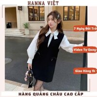 Set đồ nữ, Set Áo Váy Sơ Mi Trắng Tay Bồng Mix Yếm Tuyết Mưa 2 Lớp Đính Nơ Tiểu Thư Form Rộng Ms03