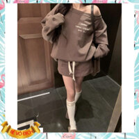 Set đồ nữ Set nỉ nữ thu đông thiết kế lệch vai phong cách năng động Chất vải nỉ ép trần bông Chân váy có sẵn lót bảo hộ