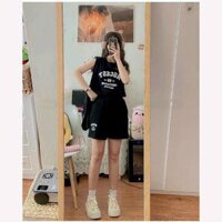 Set đồ nữ tanktop thể thao form rộng in số 215 ulzzang Set 3 món áo tanktop quần short đùi  - Đen