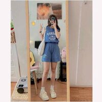 Set đồ nữ tanktop thể thao form rộng in số 215 ulzzang Set 3 món áo tanktop quần short đùi  - Xanh dương