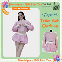 Set Đồ Nữ Tay Dài Kiểu Hàn Quốc – Áo Croptop + Quần Short Váy Xếp Ly Xinh Xắn – Phong Cách Hot Trend