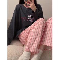 Sét đồ nữ tay dài thu đông in hình siêu xinh, sét dài quần baggy kẻ caro vải đũi, áo tay dài xược in hình thoãi mái