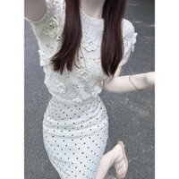 Set Đồ Nữ Thiết Kế, Áo Dệt Kim Hoa Rỗng Kiểu Tây, Váy Ôm Hông Chấm Bi Thời Trang Sành Điệu
