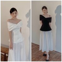 Set đồ nữ thiết kế áo kiểu hai dây trễ vai phi bóng + chân váy trắng midi dài hoa văn phong cách sang chảnh quý phái
