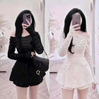 Sét đồ nữ thiết kế áo tay dài len ren đính bông 2 lớp phối quần giả váy kaki mềm có khóa kéo lưng thun Luna