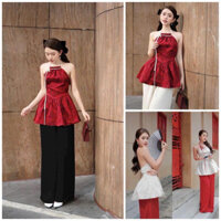 Sét đồ nữ thời trang áo yếm gấm hoa form xòe cột nơ phối quần tuyết nhung dài, sét đồ nữ diện tết tb125 Na