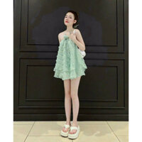 Set đồ nữ thời trang mặc đi chơi ngày hè áo cổ yếm đính bông mix quần đùi chất vải xô bông