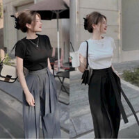 Set đồ nữ thời trang mặc đi chơi áo thun cánh dơi tay ngắn mix quần dài chất cotton lạnh kèm dây lưng.