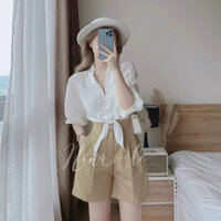 Set đồ nữ thời trang mặc đi chơi áo sơ mi tay lỡ cổ trụ V cột nơ phối kèm quan đùi có túi chất áo lụa quần for.
