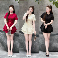 Set đồ nữ thời trang mặc đi chơi áo fom dài đính bông phối quần đùi chất vải linen gân y mẫu,