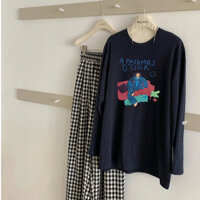 Sét đồ nữ thu đông quần dài kẻ caro baggy áo thun xược giấy form rộng in hình Menin_studio, sét dài nữ form rộng