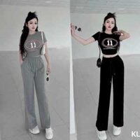 Sét Đồ Nữ thun gân áo mini cổ tròn kute, quần dáng ôm co dãng năng động