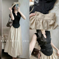 Sét Đồ nữ tiểu thư áo thun gân kiểu, váy dáng xòe gân sang trọng quyến rũ