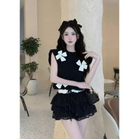 Set đồ nữ tiểu thư sang chảnh áo kiểu cổ tròn tay ngắn đính nơ phối chân váy ren xòe ngắn thiết kế đi chơi dạo phố LONA