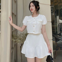 Set đồ nữ trắng áo vest croptop phối khuy ngọc, chân váy xòe tiểu thư vải xốp tổ ong túi ngực
