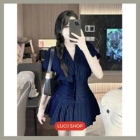 Sét đồ nữ váy đầm nữ dự tiệc cưới váy ngắn cổ cà vạt sét kẻ xanh than siêu xinh, set đồ hottrend - Lucii Shop