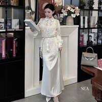 set đồ nữ váy hai dây lụa mix  áo sơ mi ren dáng dài, váy hai dây lụa phi bóng kèm áo sơ mi ren LIPU