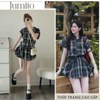 Set đồ nữ váy nữ liền thân áo ngắn tay kẻ caro đen có đai thắt ngang eo Jumito, đồ bộ nữ dáng ngắn đuôi phồng HCOM2717