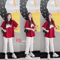 Set đồ nữ,đồ bộ nữ áo phông JET đỏ form thụng rộng tay lỡ kèm quần rộng trắng mặc nhà đi chơi