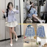 Set đồ nữ,đồ bộ nữ áo sơ mi dài tay thiết kể kẻ sọc xanh đính nơ nổi phối chân váy trắng xếp ly xòe