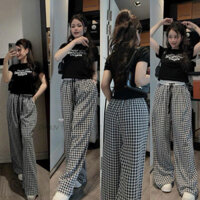 Sét đồ nữ,Đồ bộ nữ áo thun gân cổ tròn kèm quần ống rộng vải đũi xốp_Set đồ bộ nữ mặc nhà đi chơi _Pusam Shou