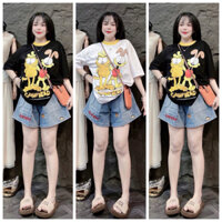 SET ĐỒ NỮ,ĐỒ BỘ NỮ ÁO THUN COTTON QUẦN SHORT JEAN NGẮN HOẠ TIẾT HOẠT HÌNH_KÈM HÌNH THẬT TRẢI SÀN_PUSSAM SHOP