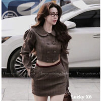 Set Đồ Nữ,Set Áo Chân Váy Kiểu Dáng Cổ Sen Đính Khuy Bọc Mix Chân Váy Chữ A Sang Chảnh P119