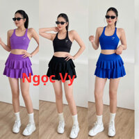 Set Đồ Tập Gym Yoga Erobic Thể Thao Đi Biển Nữ Áo Bra Dây Đan Lưng Váy 2 Tầng Co Giãn 4 Chiều Kèm Mút