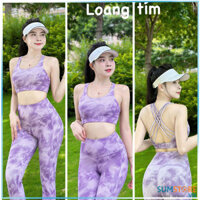 Set Đồ Tập Thể Thao Cho Nữ Dài Dây Chéo Loang Tím