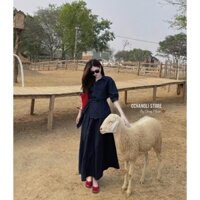 Set đồ tay lỡ cổ sơ mi phối váy xoè dài, set bộ đồ nữ áo sơ mi thiết kế buộc eo phối chân váy dáng dài xoè tiểu thư