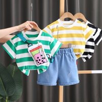 Set Đồ Thể Thao 3 Món Gồm Áo Thun Kẻ Sọc + Quần Dài + Túi Thời Trang Mùa Hè Cho Bé Trai
