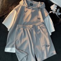 Set Đồ Thể Thao Có Áo Hoodie Tay Ngắn Giả Hai Lớp + Quần Short Plus Size Cho Nam