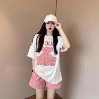Set Đồ Thời Trang Mùa Hè Gồm Áo Thun Thêu Hình Gấu + Quần Đùi Màu Hồng Cho Nữ 2021 (Có bán lẻ)