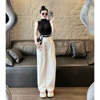 Set đồ thời trang nữ thun tăm quần kaki kèm nịt cổ tròn áo sát nách quần dài có túi 2 bên trẻ trung sang trọng