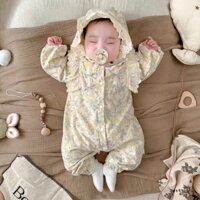 Set Đồ Thu Đông 2 Món Gồm Áo Liền Quần Tay Dài In Họa Tiết Hoa Màu Xanh Dương + Mũ Ren Cho Bé Gái Sơ Sinh 0-2 Tuổi