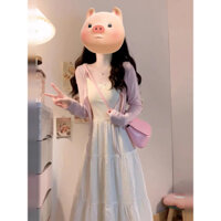 Set đồ thu đông Hàn Quốc: Váy liền hai dây trắng dịu dàng + Áo len cardigan hồng mỏng dễ thương - Trọn bộ mixmatch hoàn hảo cho nữ sinh, đi học/hẹn hò, giao hàng nhanh