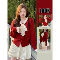 Set Đồ Thu Đông Nữ Áo Cardigan Đỏ Phối Ren Và Chân Váy Xếp Ly Trắng - Hàng Order