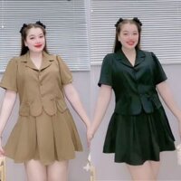 Set Đồ Tiểu Thư Bigsize Nữ Áo Sơ Mi Cổ Vet Tay Bồng Croptop Kèm Chân Váy Xếp Ly Dáng A Xòe Vải Cotton SET72