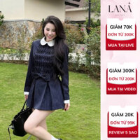 Set Đồ Tiểu Thư Dạo Phố Sang Chảnh Lana Boutique Áo Kiểu Dài Tay Kẻ Sọc Cổ Sen Phối Nơ Kèm Chân Váy Chữ A Có Bảo Hộ