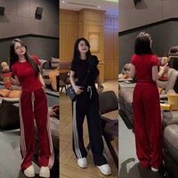 Set đồ trơn phối sọc thể thao năng động, áo thun ôm body kèm quần ống suông phối sọc viền basic