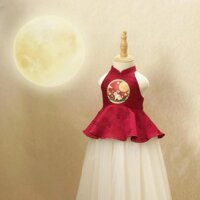 Set đồ trung thu bé gái, áo yếm gấm đỏ hình thỏ ngọc phối chân váy lưới mềm dáng xòe dài cho bé
