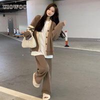 Set đồ UIOWOO gồm áo khoác cardigan dệt kim và quần dài thời trang cho nữ