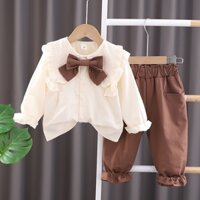 Set Đồ Xuân Thu 2 Món Gồm Áo Tay Dài Có Thắt Nơ Và Quần Dài Thời Trang Cho Bé Gái