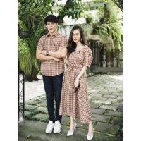 set đôi-áo cặp sơ mi nam với đầm nữ caro cao cấp màu nâu - Hàng mới về