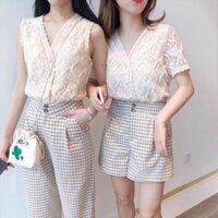 Set đôi bạn thân quần kẻ áo ren