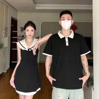 Set đôi đen trắng nữ phối ren tôn dáng + áo nam thun polo phối hợp