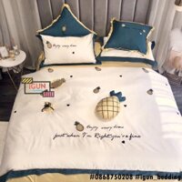 set DỨA VÀNG TÀI LỘC trắng bộ Chăn Ga Gối CƯỚI  LỤA thêu cao cấp